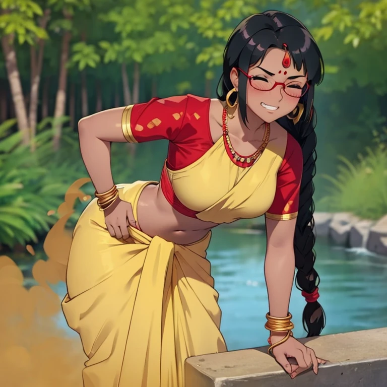 solo, 1female, indian teenage girl, black hair, hair tied in braids, tomboy hair bang, wearing glasses, blushing intensely, skinny body, dark skin, clenching teeth, smiley face, one eye closed, soft lips, red saree, wearing red saree, wearing golden necklace and earrings, wearing golden bracelets, bend over, letting out fart, massive fart, yellow smoke rising, hand on tummy, sexy body, bending forward, leaning, hand on stomach, alone by the river