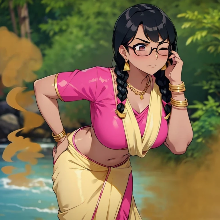 solo, 1female, indian teenage girl, black hair, hair tied in braids, tomboy hair bang, wearing glasses, blushing intensely, skinny body, dark skin, clenching teeth, relieved face, one eye closed, soft lips, pink saree, wearing golden necklace and earrings, wearing golden bracelets, bend over, letting out fart, massive fart, yellow smoke rising, hand on tummy, sexy body, bending forward, leaning, hand on stomach, alone by the river