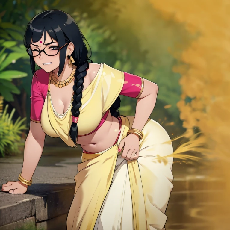 solo, 1female, indian teenage girl, black hair, hair tied in braids, tomboy hair bang, wearing glasses, blushing intensely, skinny body, dark skin, clenching teeth, relieved face, one eye closed, soft lips, pink saree, wearing golden necklace and earrings, wearing golden bracelets, bend over, letting out fart, massive fart, yellow smoke rising, hand on tummy, sexy body, bending forward, leaning, hand on stomach, alone by the river