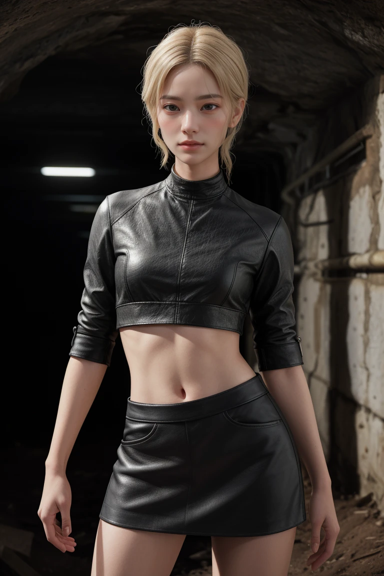 Breathtaking Erin, a woman with blonde hair, slender figure, pose standing up for a perfectly focused photo. Her leather crop top reveals a toned tummy and pairs perfectly with a mini skirt, accentuating your slender silhouette. in photo, featuring ultra-high definition (ultra HD) image quality, has a realistic and photo-realistic representation. Realism is emphasized through sharp focus, with every detail of your skin meticulously rendered. Your hands look realistic, beautifully textured, and blush and goosebumps add a touch of authenticity. The subterranean scattering and masterful execution elevate this image to an award-winning and