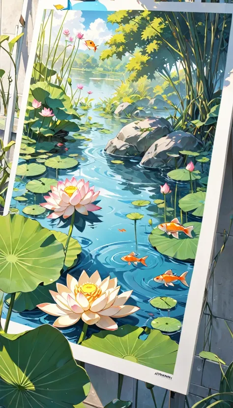 close-up of a poster，lotus，a fish in the pond，willow