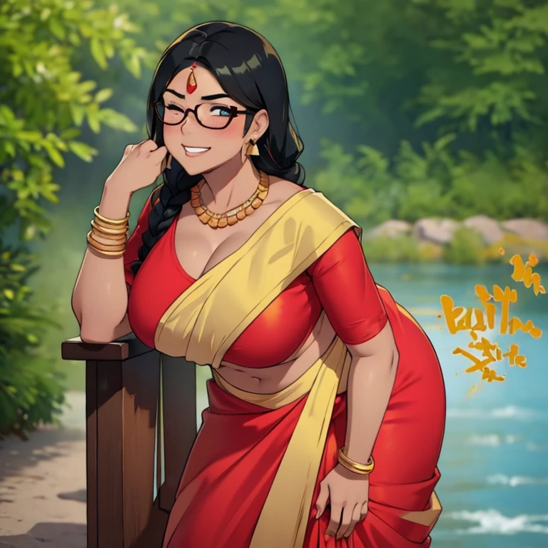 solo, 1female, indian woman, black hair, hair tied in braids, tomboy hair bang, wearing glasses, blushing intensely, sexy body, big plump body, dark skin, clenching teeth, relieved face, one eye closed, soft lips, red saree, wearing red saree, wearing golden necklace and earrings, wearing golden bracelets, bend over, letting out fart, massive fart, yellow smoke rising, hand on tummy, sexy body, bending forward, leaning, hand on stomach, alone by the river