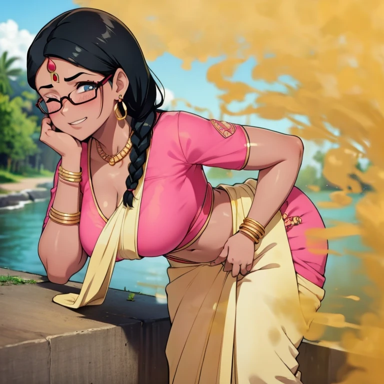 solo, 1female, indian teenage girl, black hair, hair tied in braids, tomboy hair bang, wearing glasses, blushing intensely, skinny body, dark skin, clenching teeth, relieved face, one eye closed, soft lips, pink saree, wearing golden necklace and earrings, wearing golden bracelets, bend over, letting out fart, massive fart, yellow smoke rising, hand on tummy, sexy body, bending forward, leaning, hand on stomach, alone by the river