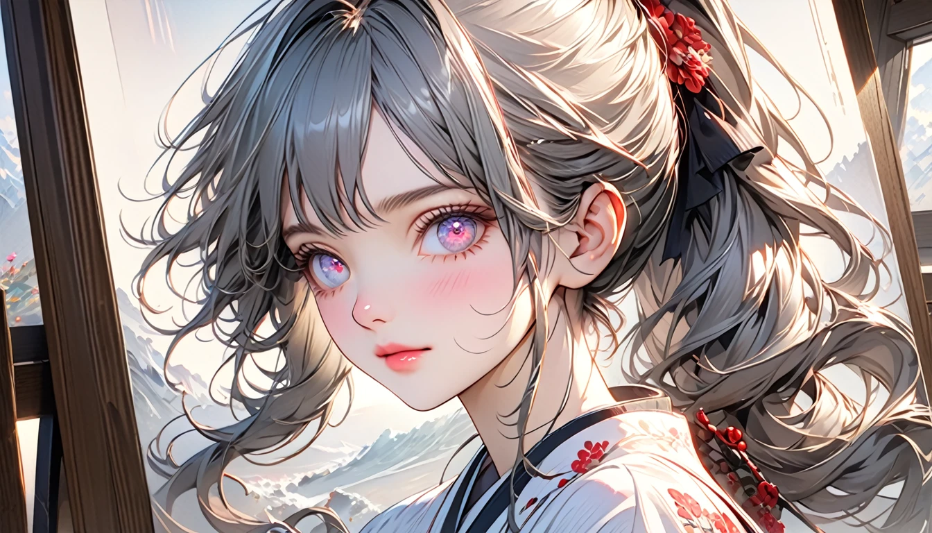 (8k, top quality, masterpiece:1.2), (realistic, photo-realistic:1.37), top quality, masterpiece, oneness, smooth and beautiful, incredible detail, Stunning, fine detail, masterpiece, top quality, official art, size large files, very detailed, highres, very detailed, beautiful girl details, very detailed eyes and face, beautiful detailed eyes, bright face, blushing nose,a beautiful girl with long ponytail blue and silver hair with black streak crossing one eye, pink glowing eye with love pattern, intricate detailed face, beautiful detailed eyes, beautiful detailed lips, extremely detailed face and features, longeyelashes, portrait, concept art, digital painting, (best quality,4k,8k,highres,masterpiece:1.2),ultra-detailed,(realistic,photorealistic,photo-realistic:1.37),HDR,UHD,studio lighting,ultra-fine painting,sharp focus,physically-based rendering,extreme detail description,professional,vivid colors