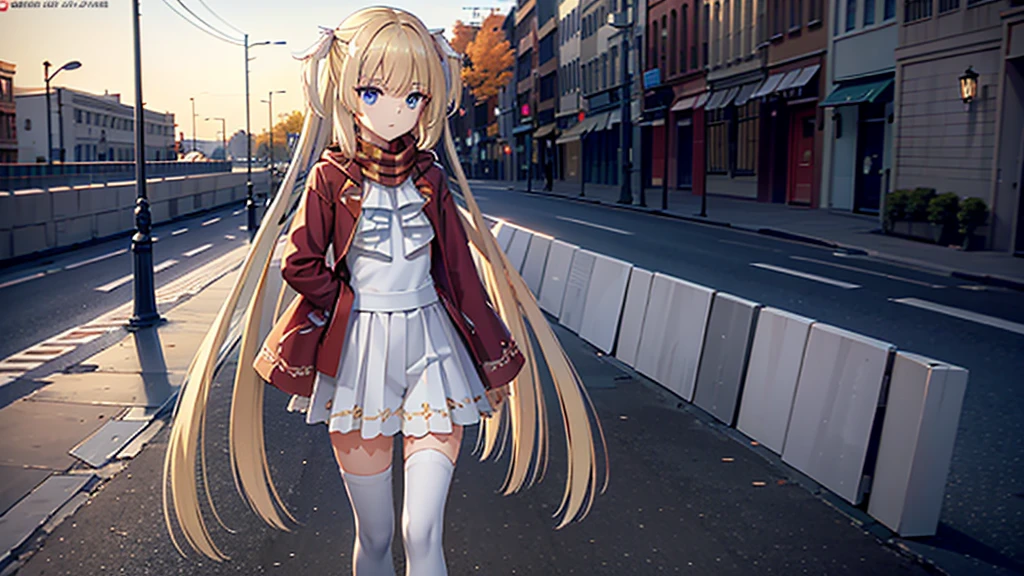 ((masterpiece)),(best quality),Official Art,Extremely detailed CG,Unity 8K wallpaper,Very detailed,Beautiful and delicate eyes,Extremely detailed face,1 girl,solitary,,(whole body:1.5),(small:1.3),，autumn，，Wear a long red silk scarf，Red Jacket，Walking in the street，Getchu Beautiful Girl Game Awards 2023 Magazine Cover，Amber dusk like sugar in a beautiful distance，The cold air and glass are very transparent in the early morning