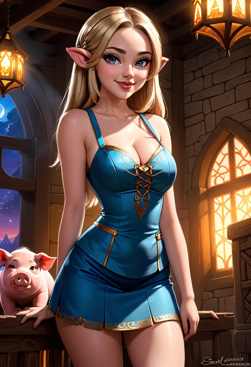 Create an illustrated, hand-drawn, full-color image of an  humanoid, hybrid, anthropomorphic,  sexy pig woman. The artwork should be rendered in the style of "Breath of the Wild," featuring warm lighting and shadows. Include graphite shading, stencil marks, and airbrushed acrylic paint effects. The image should be of the highest quality, a masterpiece with intricate details.

The pig woman should have a female, humanoid, appearance. She should have luscious lips, a wide smile, and bright, expressive eyes, exuding beauty, cuteness, and adorableness. Ensure the image is high resolution and sharply detailed, with a detailed and vibrant background. Scarlett Johanson, Alison Brie, Dove Cameron

Incorporate mystical lighting in the background, creating a romantic and enchanting atmosphere.
