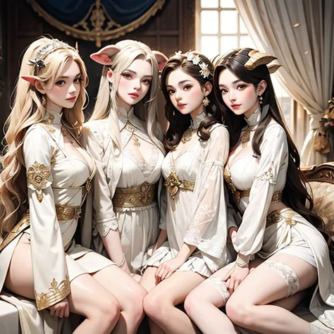 four semi-human pegoraro girls together, white sheep hair, sheep horns, bonitas, wearing princess clothes, dutch angle, detailed...