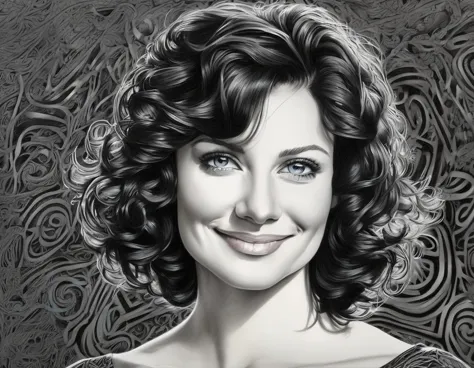 zoom portrait, fountain pen draauing of a brunette auoman auith a gentle smile, short, slightly curly hair, auell-defined eyebro...