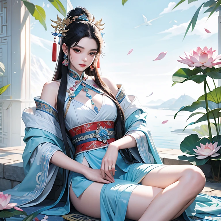 Ancient Chinese beauty sitting on the stone, wearing ancient chinese costume, flowing blue tulle, light silk, lazy pose, large lotus leaves, lotus flowers, ink painting style, clean colors, decisive court, blank space, freehand, master part, super verbose, epic composition, high qualiy, Extremely high quality, 4k --v6