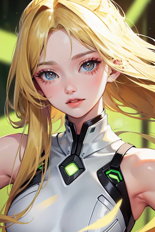 a thin woman with long blonde hair, woman has green eyes, sexy sci-fi outfit . best quality, adorable, ultra-detailed, illustration, complex, detailed, extremely detailed, detailed face, soft light, soft focus, perfect face. illustration:full body