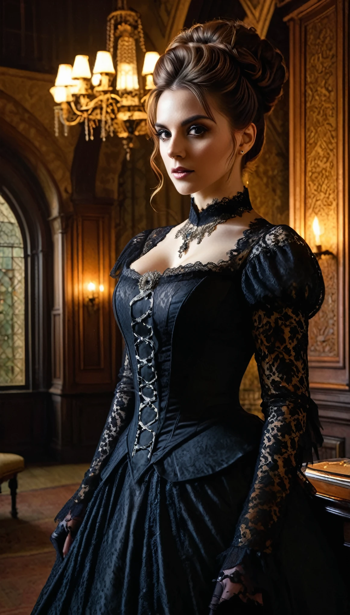 A hyper-realistic portrait of an elegant lady with light brown hair in an updo, wearing a dark, gothic twist on a Victorian lace dress, set in a dimly lit Victorian-style room with gothic architecture