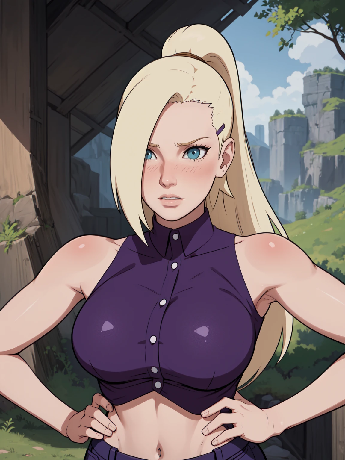 {-erro_de_anatomia:1.0} estilo anime, Masterpiece, absurdities, Yamanaka Ino\(Naruto\), 1girl Solo, woman, Perfect composition, Detailed lips, Beautiful face, body proportion, Blush, Long blonde hair, blue eyes, purple blouse, purple pant, Soft gauze, Super realistic, Detailed, photo shoot, Realistic faces and bodies, masterpiece, best quality, best illustration, hyper detailed, 1 woman, solo, glamorous, blushing, upper body, fighting, on nature, look at the view, dimanic poses, 