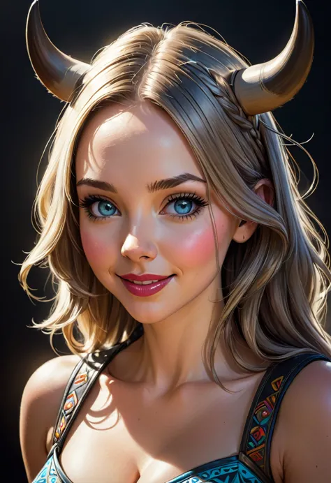 Create an illustrated, hand-drawn, full-color image of an humanoid, hybrid, anthropomorphic, sexy bovine woman. The artwork shou...
