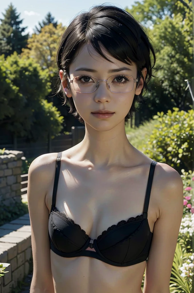 masterpiece, best quality, (realistic,photo-realistic:1.4), (RAW photo:1.2), extremely detailed CG unity 8k wallpaper, delicate and beautiful, amazing,finely detail, official art, absurdres, incredibly absurdres, huge filesize,ultra-detailed,extremely detailed eyes and face,light on face,(little smile),sarada uchiha,(black hair:1.4),(very short hair:1.4),potrait,(small breast:1.3),nature background,(garden:1.4),nature background,(potrait :1.4),(wearing  bra:1.4),(wearing glasses:1.4)
