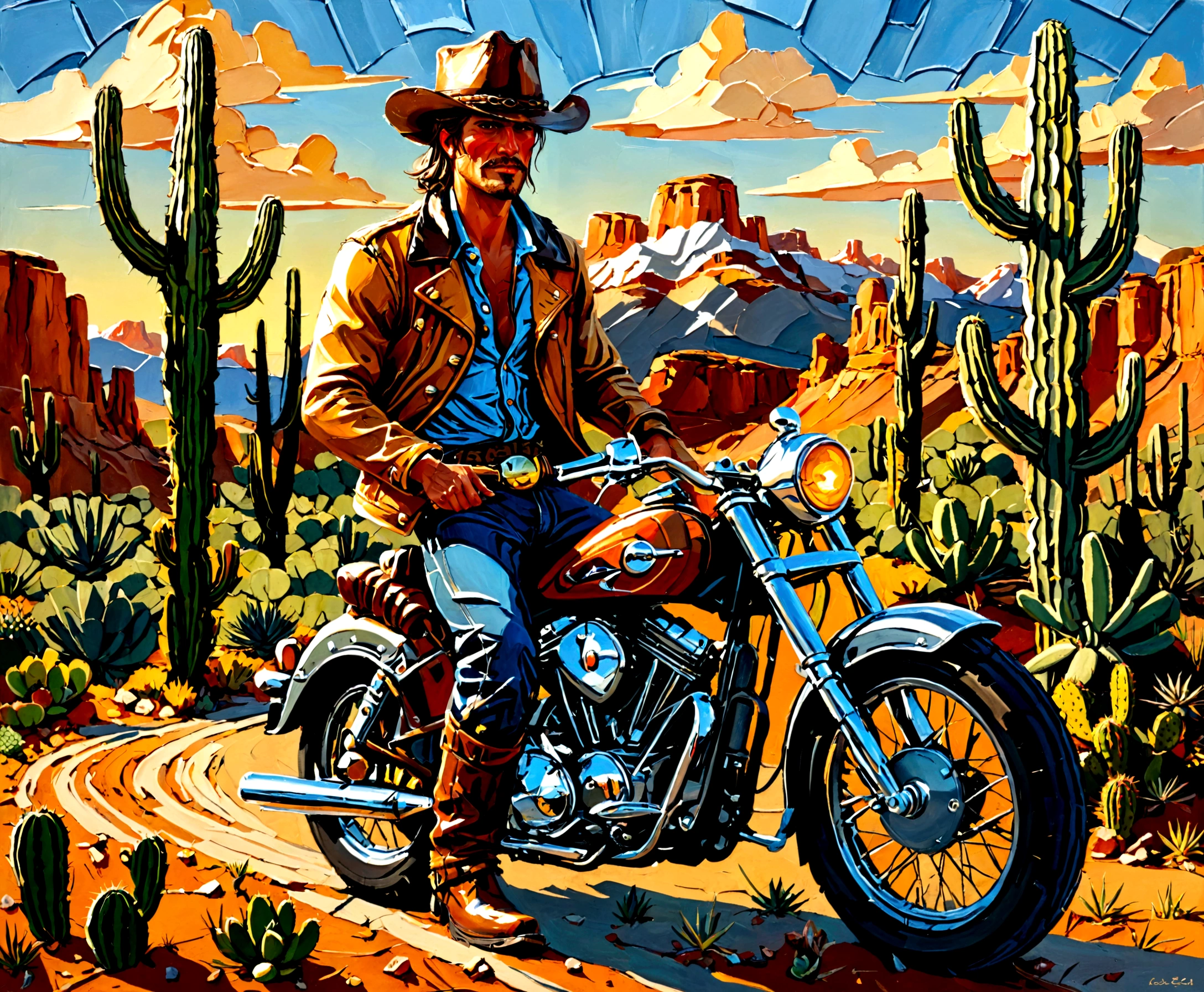 American motorbike, large motorbike, short rider's jacket, boot-cut jean trousers, boots, leather cowboy hat, handsome man resembling John on an American motorbike riding in the wilderness.
 BREAK Long shadows cast by the setting sun, motorbikes whizzing by, cacti, succulents, high details, (best composition), (Masterpiece), (Best Quality), (Ultra high Detailes), intricate details, intricate detail texture, 