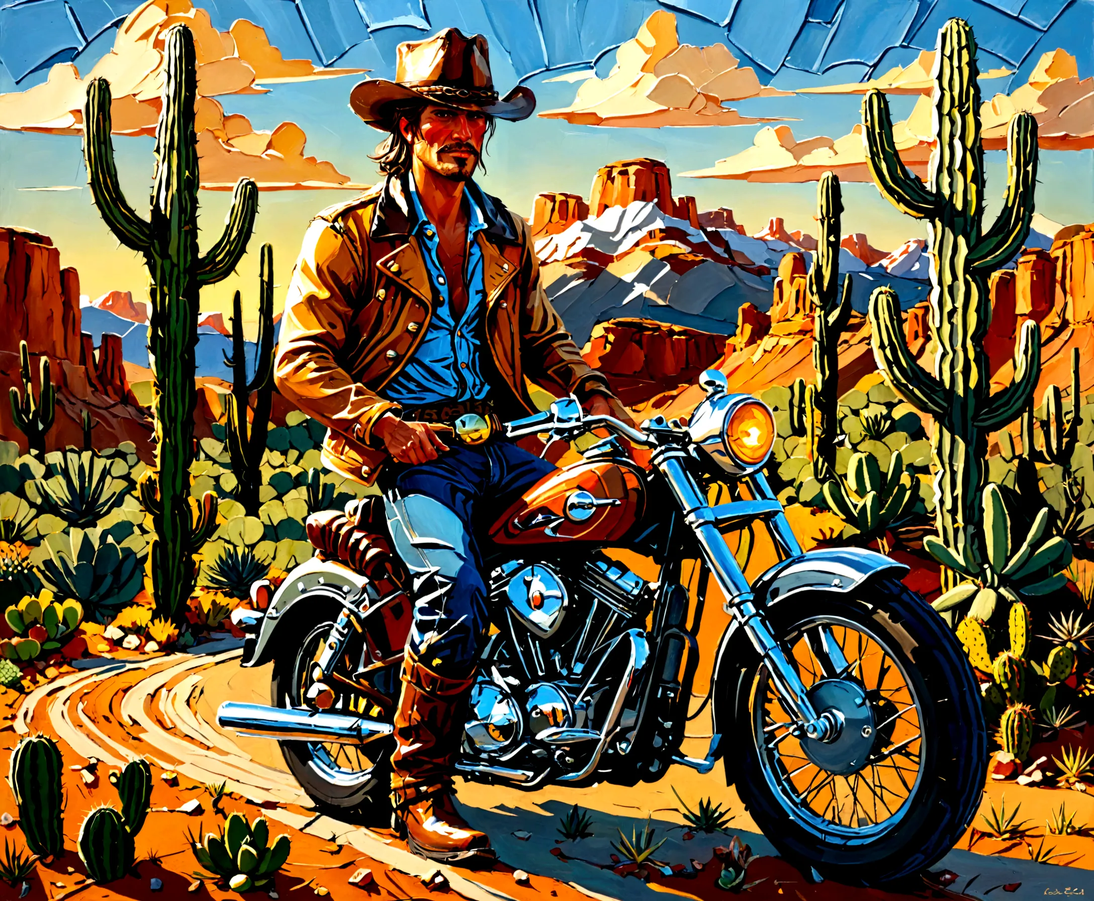 american motorbike, large motorbike, short rider's jacket, boot-cut jean trousers, boots, leather cowboy hat, handsome man resem...