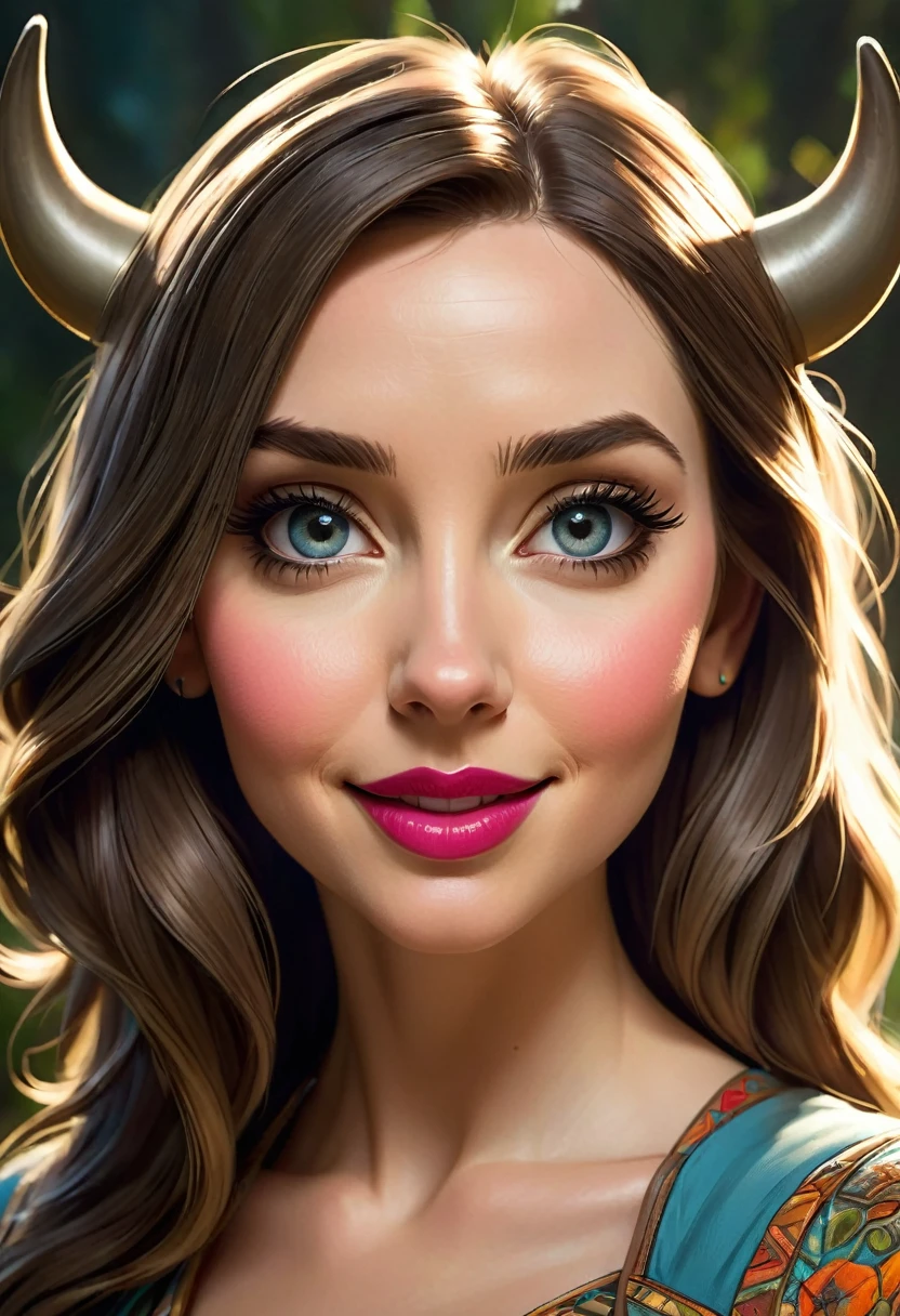 Create an illustrated, hand-drawn, full-color image of an  humanoid, hybrid, anthropomorphic,  sexy bovine woman. The artwork should be rendered in the style of "Breath of the Wild," featuring warm lighting and shadows. Include graphite shading, stencil marks, and airbrushed acrylic paint effects. The image should be of the highest quality, a masterpiece with intricate details. cow nose, cow ears.

The bovine woman should have a female, humanoid, appearance. She should have luscious lips, a wide smile, and bright, expressive eyes, exuding beauty, cuteness, and adorableness. Ensure the image is high resolution and sharply detailed, with a detailed and vibrant background. Scarlett Johanson, Alison Brie, Dove Cameron

Incorporate mystical lighting in the background, creating a romantic and enchanting atmosphere.
