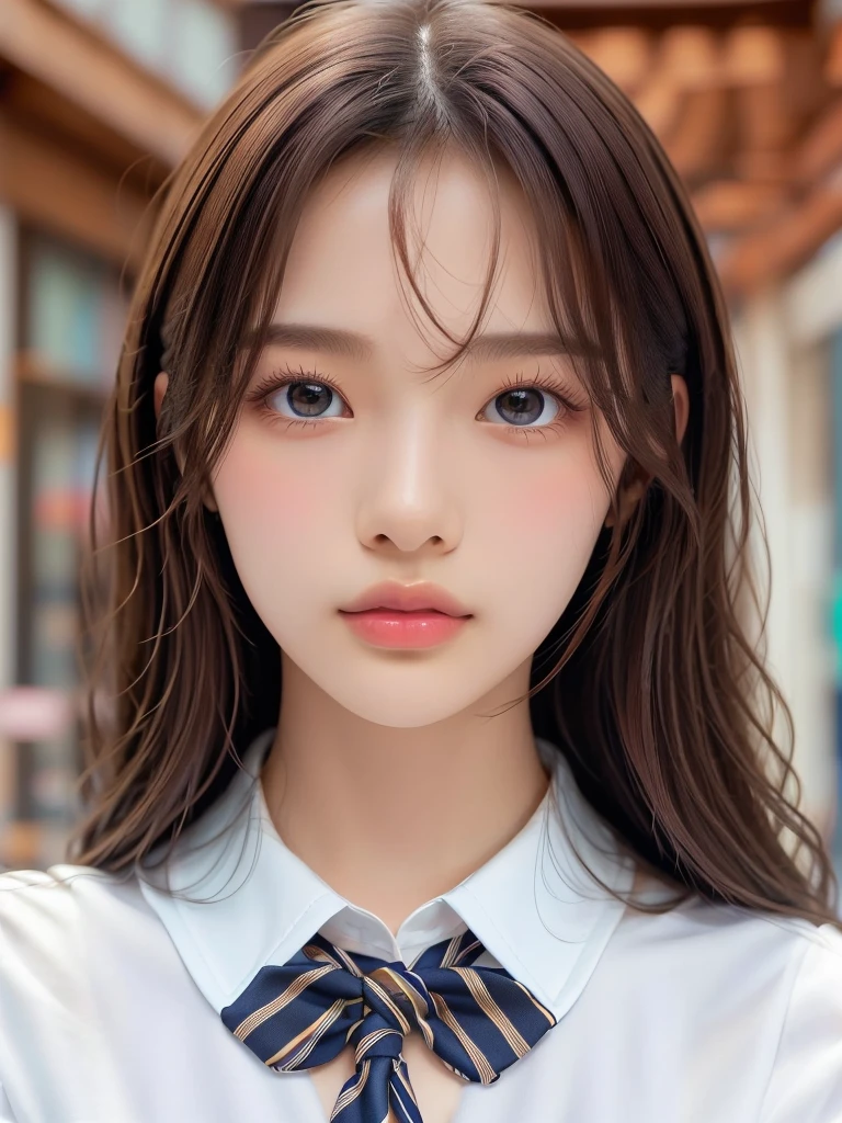 (Tabletop:1.4, Photorealistic:1.4, 8K), Highest quality, masterpiece, Ultra-high resolution, Perfect dynamic composition, Big Face、Round face、((Light brown hair, Long Hair, Layered Hair))、Highly detailed skin and facial textures:1.3, Limb details, 1 Girl, Cute sexy 22 year old woman, (Sunburn:1.0), ((Totally captivates you:0.9)), ((school uniform, White collar short sleeve shirt, Striped tie)),Medium Chest, (Distant eyes, Beautiful Eyes, Brown eyes、Beautiful erotic eyes:0.85), Sexy Face:0.4, (Mouth closed、Small Mouth、Thick lips、A taste of beautiful eroticism:0.85), ((Too cute beauty:0.9))、Gal Makeup、((Extreme close up))