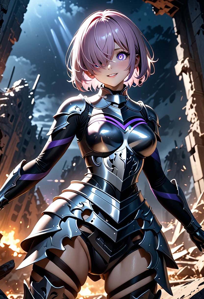 (masterpiece, top quality, best quality, beautiful and aesthetic:1.2), full body, SFW, extremely detailed, detailed face and eyes, detailed hands, cinematic light, depth of field, 1girl, seducing smile, solo, official, (full armored knight:1.4), dark armor, with a helmet, mash kyrielight, light purple hair, short hair, hair over one eye, slim body, cinematic lighting, dramatic lighting, dramatic atmosphere, hyper-realistic, high resolution, stunning contrast, high quality, best quality, 8k, 4k, intricately detailed, (amazing details:1.2), highly detailed skin, powerful presence, vibrant colors, (detailed eyes:1.2), striking eyes, (detailed background), (warzone on background, night, ruins), (dynamic angle:1.2), (dynamic pose:1.2)