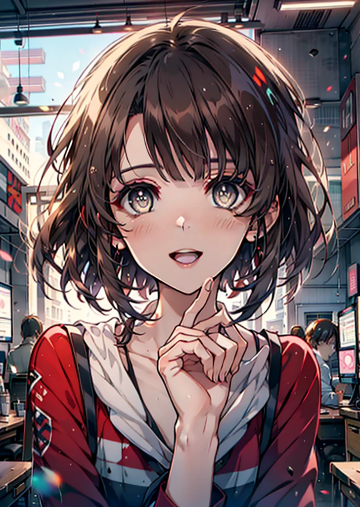 katoumegumi, megumi katou, Pelo castaño, cabello corto, (Ojos cafés:1.5),happy sonrisa, sonrisa, abre la boca, Camiseta sin mangas roja,falda larga blanca,pantimedias negras,tacones de aguja,abre la boca,sentado con las piernas cruzadas en una silla,Hay una computadora y comida en la mesa.,interior,todo el cuerpoがイラストに入るように,
descanso mirando al espectador,todo el cuerpo,
romper en el interior, oficina,
break (obra maestra:1.2), de la máxima calidad, Alta resolución, fondo de pantalla de unidad 8k, (forma:0.8), (Bellos y bellos ojos:1.6), Cara muy detallada, Iluminación perfecta, CG extremadamente detallado, (manos perfectas, anatomía perfecta),