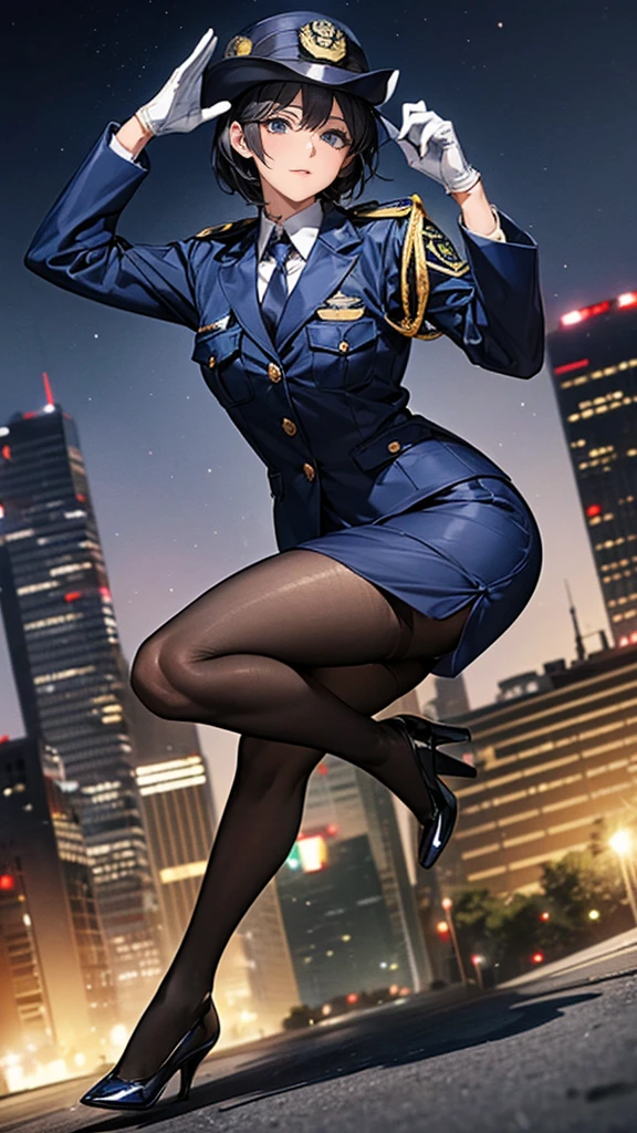 最好的品質、傑作、8K、實際的、超高解析度、非常精緻美麗、高解析度、戲院燈光、中距離射擊、完美女性身材、美麗的女人、成熟的女人、漂亮的眼睛、城市景觀、(短髮:1.8、黑髮)、((女警:1.4、紺色の女警、女警の制帽、制服羈扣、海軍藍色領帶、制服外套、白手套))、連褲襪、鉛筆裙、細高跟高跟鞋、警察徽章、肩章、