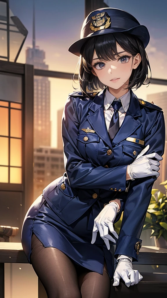 Highest quality、masterpiece、8K、Realistic、超High resolution、Very delicate and beautiful、High resolution、Cinema Lighting、medium range shooting、Perfect female body、Beautiful woman、Mature Woman、Beautiful Eyes、Cityscape、(short hair:1.8、Black Hair)、((Female police officer:1.4、紺色のFemale police officer、Female police officerの制帽、Uniform Buttons、Navy blue tie、Uniform jacket、White gloves))、pantyhose、Pencil Skirt、Stiletto heel pumps、Police Badge、Epaulettes、