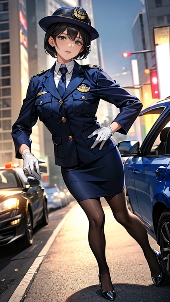 最高品質、傑作、8k、現実的、超高解像度、とても繊細で美しい、高解像度、映画照明、中距離射撃、完璧な女性の体、きれいな女性、成熟した女性、美しい目、都市景観、(ショートヘア:1.8、黒髪)、((女性警察官:1.4、紺色の女性警察官、女性警察官の制帽、ユニフォームボタン、ネイビーブルーのネクタイ、制服ジャケット、白い手袋))、パンスト、ペンシルスカート、スティレットヒールパンプス、警察バッジ、肩章、