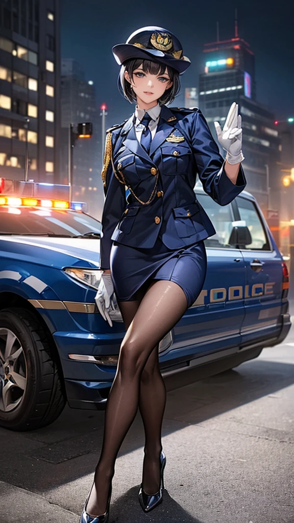 la plus haute qualité、chef-d&#39;œuvre、8k、réaliste、超Haute résolution、très délicat et beau、Haute résolution、Éclairage de cinéma、tir à moyenne portée、corps féminin parfait、Belle femme、Femme mature、Beaux yeux、paysage urbain、(cheveux courts:1.8、cheveux noirs)、((femme policière:1.4、紺色のfemme policière、femme policièreの制帽、Boutons d&#39;uniforme、Cravate bleu marine、veste d&#39;uniforme、gants blancs))、collants、jupe crayon、Escarpins à talon aiguille、plaque de policier、épaulettes、