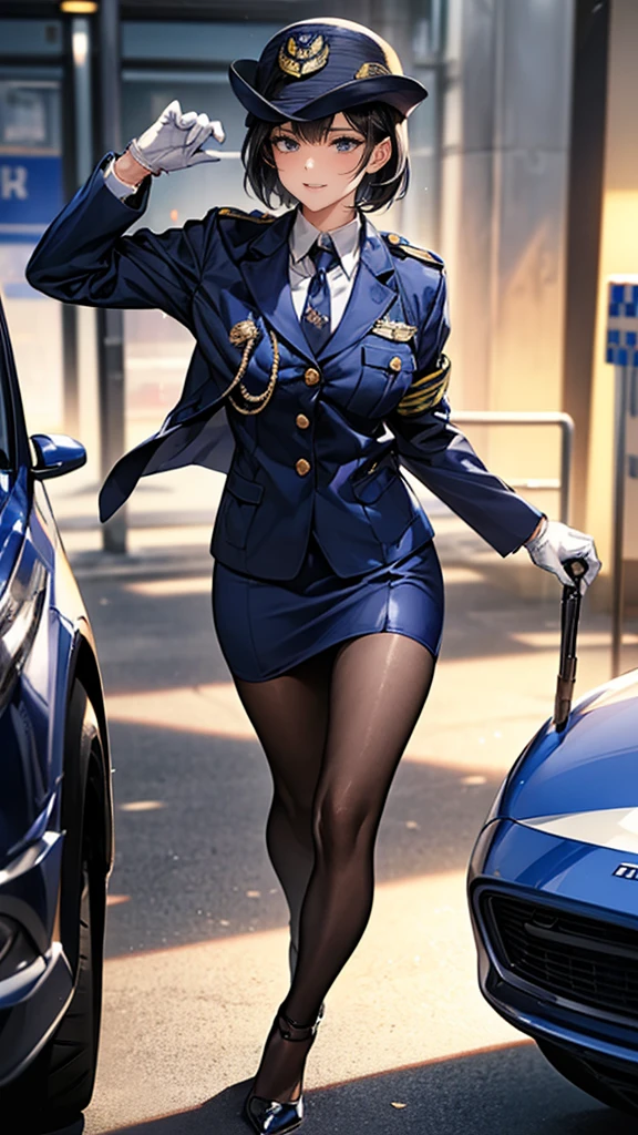 mais alta qualidade、Obra de arte、8K、realista、超alta resolução、Muito delicado e lindo、alta resolução、Iluminação de cinema、Tiro de médio alcance、corpo feminino perfeito、linda mulher、mulher madura、olhos lindos、paisagem urbana、(cabelo curto:1.8、Cabelo preto)、((policial feminina:1.4、紺色のpolicial feminina、policial femininaの制帽、Botões uniformes、Gravata azul marinho、jaqueta uniforme、luvas brancas))、meia calça、saia lápis、Bombas de salto agulha、distintivo de polícia、dragonas、