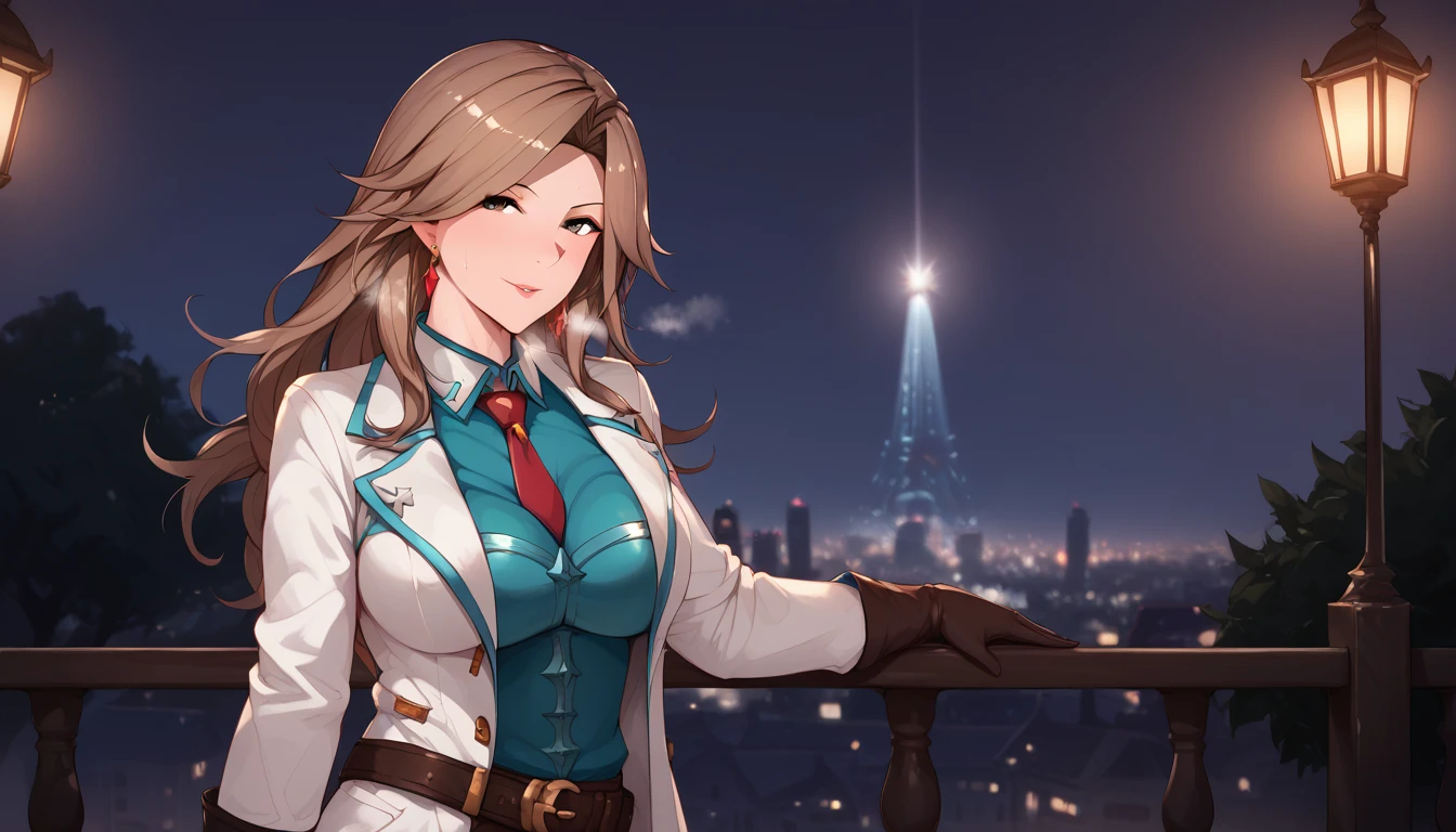 score_9, score_8_up, score_7_up, score_6_up, uncensored, katalina \(granblue fantasy\), brown hair, forehead, parted bangs, long hair, wavy hair, brown eyes, adult, mature, naughty face, shiny skin, sweating, steaming body, heavy breathing, BREAK (masterpiece:1.2), best quality, high resolution, unity 8k wallpaper, (illustration:0.8), (detailed eyes:1.3), extremely detailed face, perfect lighting, extremely detailed CG, (perfect hands, perfect anatomy), lips, lamppost, night, gloves, belt, building, solo, outdoors, red_gloves, blurry_background, necktie, breasts, night_sky, cityscape, open_clothes, jacket, blurry, sky, city, coat, smoke, large_breasts, red_neckwear, looking_at_viewer, long_sleeves,