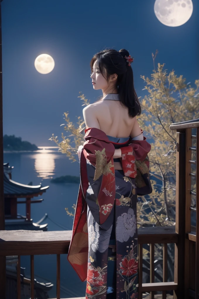 the character wears a traditional kimono, a full moon behind her, and her arms are out to her sides, 1girl, moon, solo, night, long hair, full moon, looking at viewer, japanese clothes, silver hair