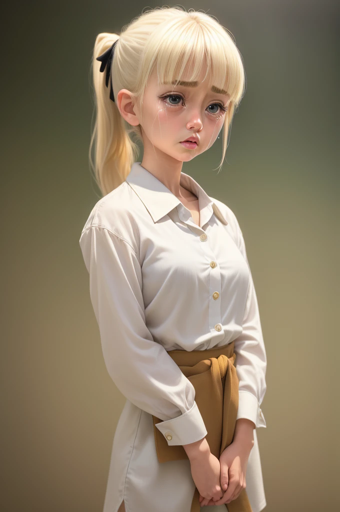 (masterpiece), (Highest quality), (High resolution),Realistic skin texture, Perfect Face, Realistic, Perfect hands, Perfect finger count, Japanese, Girl, (20-year-old), Big Eyes, Brown eyes, Platinum Blonde Hair, bangs, ponytail, Big hair ribbon, Small face, Crying face, ((White button-up shirt, Flat Chest, tie, Mini Pleated Skirt)), Leaning against a wall, Cute pose, In an abandoned house, Litter