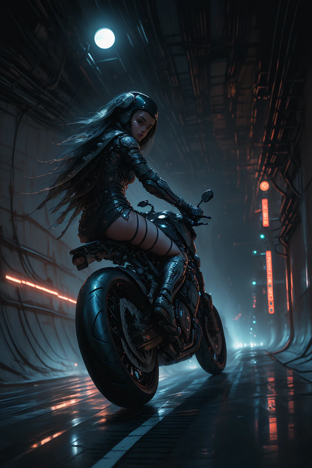 detailed cyberpunk motorcycle, futuristic motorcycle, riding on the road, motorcycle from behind, 1 person on motorcycle, intricate details, high resolution, 8k, Photorealistic, hyper detailed, cinematic lighting, Dynamic motion blur, gritty urban environment, neon lights, shiny cyber elements, chrome details, worn texture, wick inspired design, complex machinery, industrial urban landscape, Changing Color Palette, (Best Quality,4k,8k,high resolution,Masterpiece:1.2),ultra detailed,sharp focus,(realist,photorealist,fotorrealista:1.37), Extremely fine,intricate details,intense lighting,dramatic lighting,lighting change,cinematic lighting,chiaroscuro lighting,dramatic shadows,dramatic moments,vivid colors,intense colours,deep contrast,cinematic depth of field,cinematographic composition,cinematic camera angle