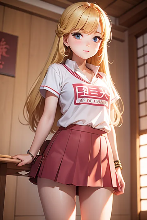 1 girl, standing alone, work of art, hair blonde,flat hair,long hair,pink lips, japanese school shirt, japanese skirt,cute and c...