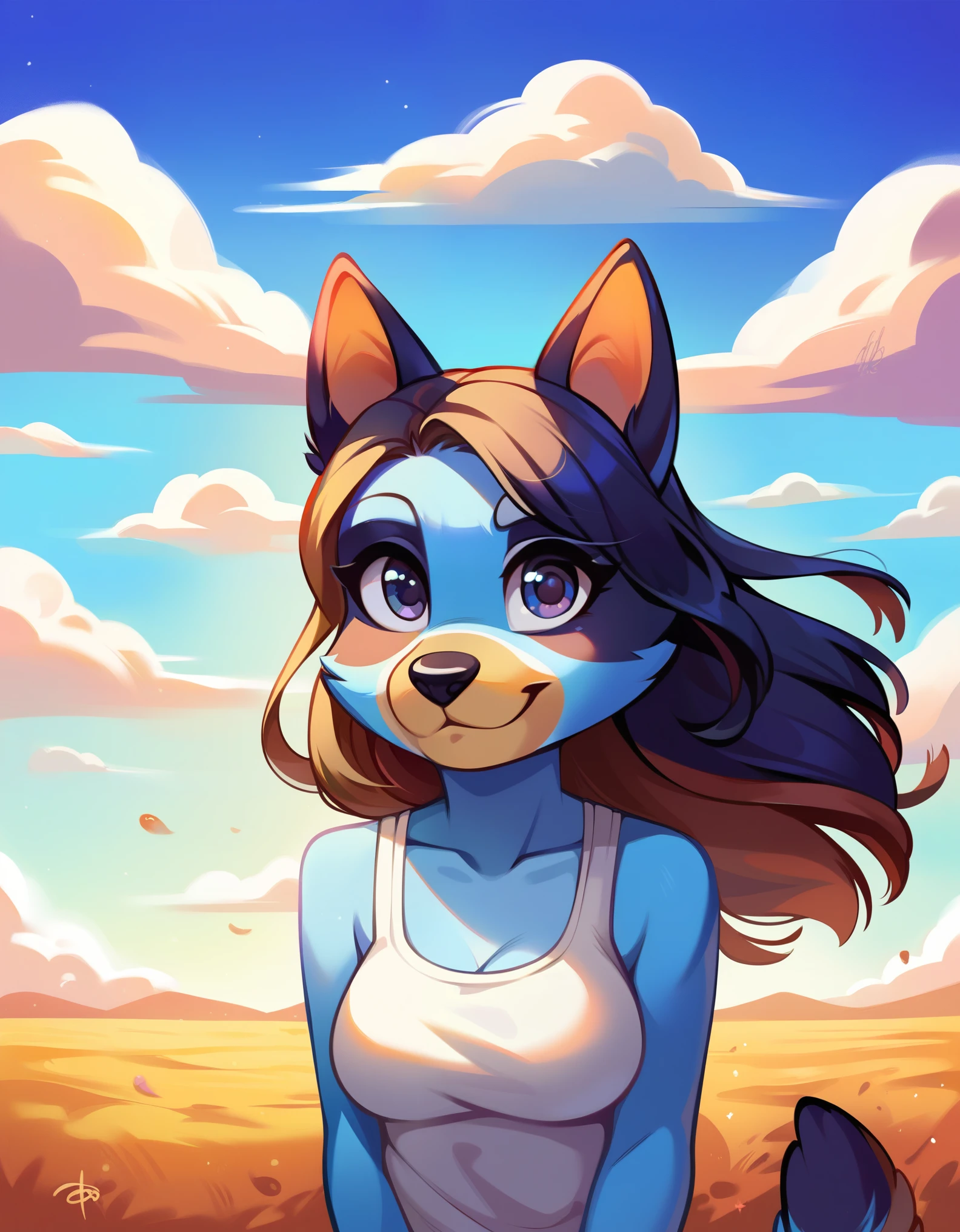 score_9, score_8_up, score_8, 1girl, source_cartoon, source_furry, blueyxl, bluey heeler, (boxchibi:0.4), 18 year old girl, cowboy shot, anthro, furry, tail, blue body, animal ears, flat shaded background, sky, day, cloud, blue sky, femanine, beautiful face, face focus, headshot, portrait, head focus, , detailed fur texture, looking at viewer, dynamic angle, dynamic pose,