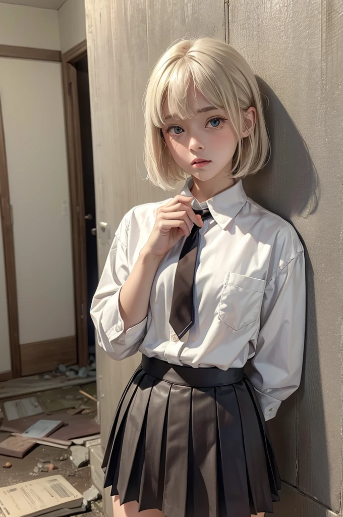 (masterpiece, Highest quality, 8K, High resolution),(Realistic skin texture, Perfect Face, Realistic, Perfect hands, Perfect finger count, Japanese, Girl), (20-year-old), Big Eyes, Brown eyes, Platinum Blonde Hair, bangs, Short Bob, Big hair ribbon, Small face, Crying face, ((White button-up shirt, Flat Chest, tie, Mini Pleated Skirt)), Leaning against a wall, Cute pose, abandoned house, Litter