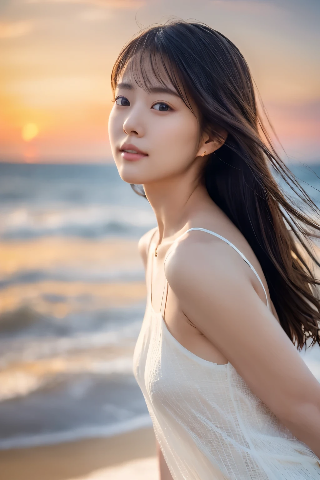 Create a high-quality, hyper-realistic portrait of a very beautiful Japanese idol. She is wearing a clean white summer dress and is squatting on the beach during sunset at sea. The deep indigo of the night sky contrasts with the last vestiges of crimson near the horizon, with swaying waves in the background. The girl has semi-long hair and a slender body with small breasts. The photo should capture her with detailed eyes, a detailed face, and a beautiful, sophisticated nose. The image should have a realistic, delicate, and finely detailed quality, suitable for a fashion magazine cover. Use cinema lighting and soft light to enhance her features. Ensure the photo is of the highest quality, with a resolution of 8K, making it perfect for a 2K wallpaper.