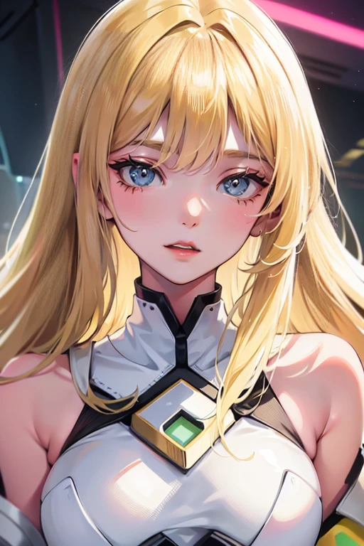 )a thin woman with long blonde hair, woman has green eyes, pink sexy sci-fi outfit) best quality, adorable, ultra-detailed, illustration, complex, detailed, extremely detailed, detailed face, soft light, soft focus, perfect face. illustration:full body