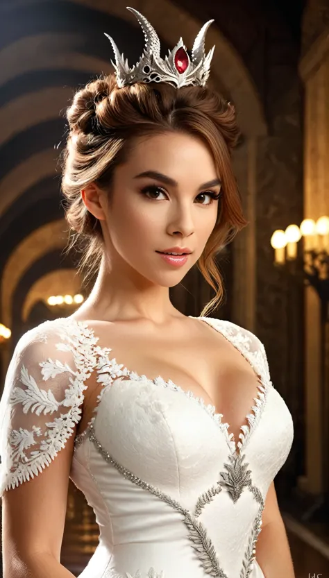 A hyper-realistic portrait of a dragon queen with light brown hair in an updo, wearing a white lace gown and a dragon-themed cro...