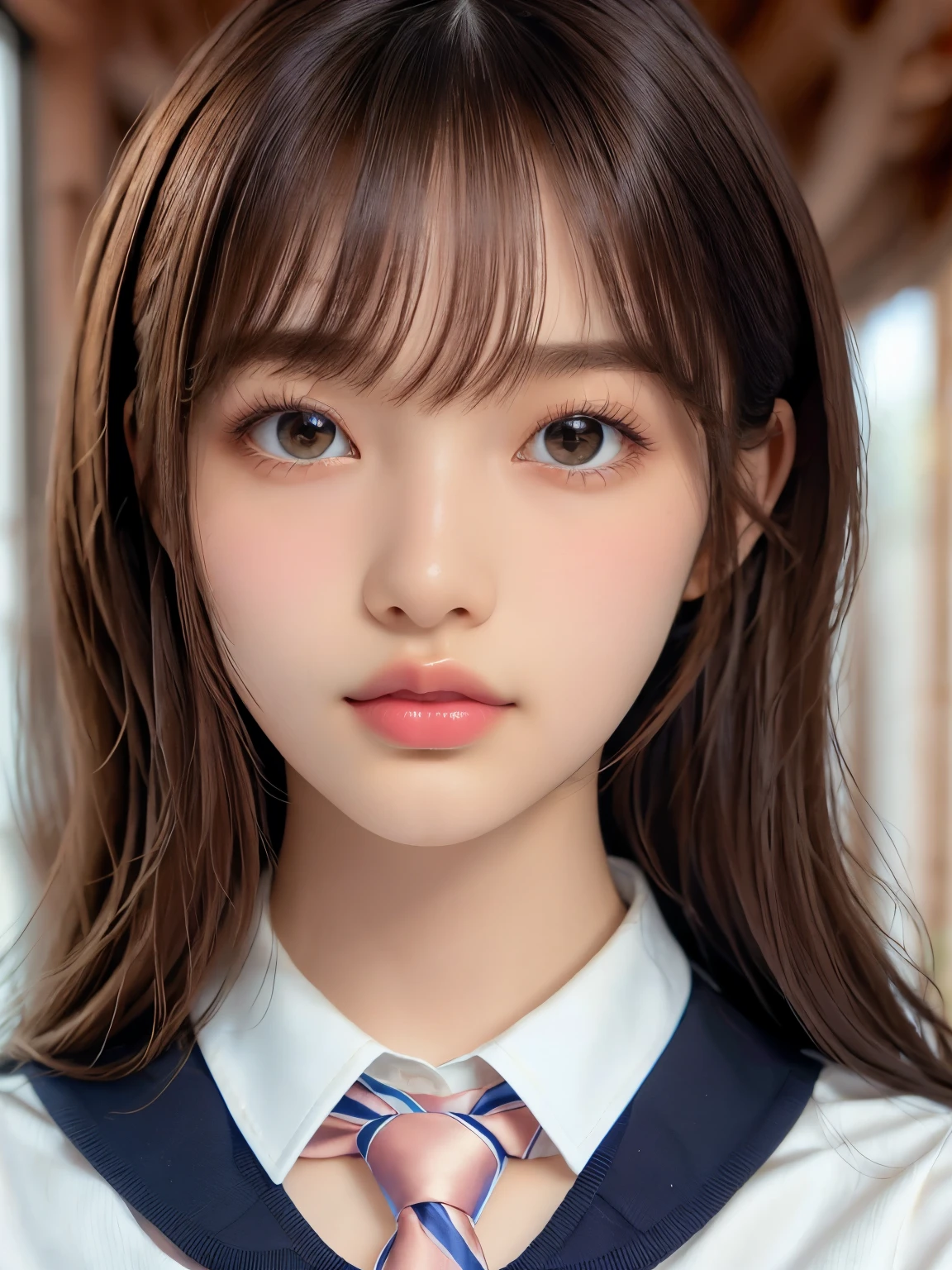 (Tabletop:1.4, Realistic:1.4, 8K), Highest quality, masterpiece, Ultra-high resolution, Perfect dynamic composition, Big Face、Round face、((Light brown hair, Long Hair, Layered Hair))、Highly detailed skin and facial textures:1.3, Limb details, 1 Girl, Cute sexy 22 year old woman, (Sunburn:1.0), ((Totally captivates you:0.9)), ((school uniform, White collar short sleeve shirt, Striped tie)),Medium Chest, (Distant eyes, Beautiful Eyes, Brown eyes、Beautiful erotic eyes:0.85), Sexy Face:0.4, (Mouth closed、Small Mouth、Thick lips、A taste of beautiful eroticism:0.85), ((Too cute beauty:0.9))、Gal Makeup、((Extreme close up))