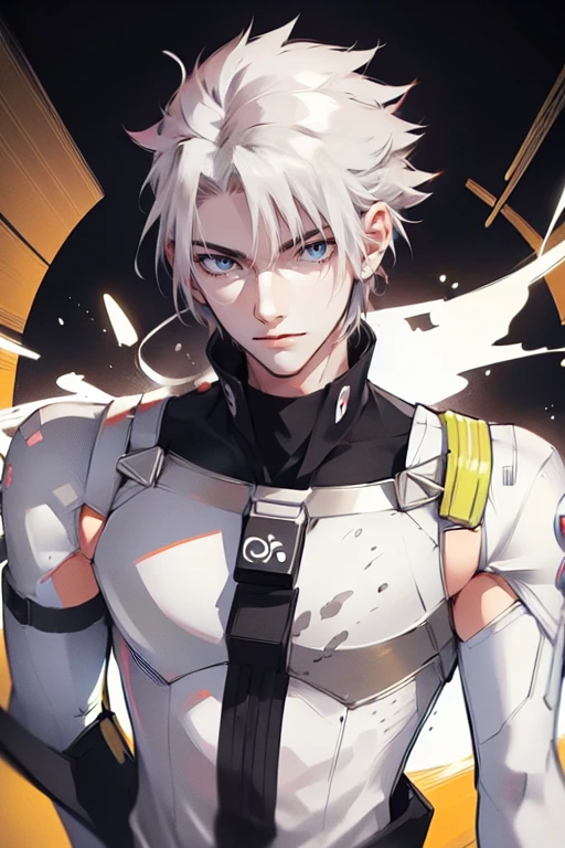 1 male (tall man, slim, manly, dominate,  white messy hair, yellow eyes, tough, wearing a sci-fi space outfit.) best quality, ultra-detailed, illustration, complex, detailed, extremely detailed, detailed face, soft light, soft focus, perfect face, illustration, full body.