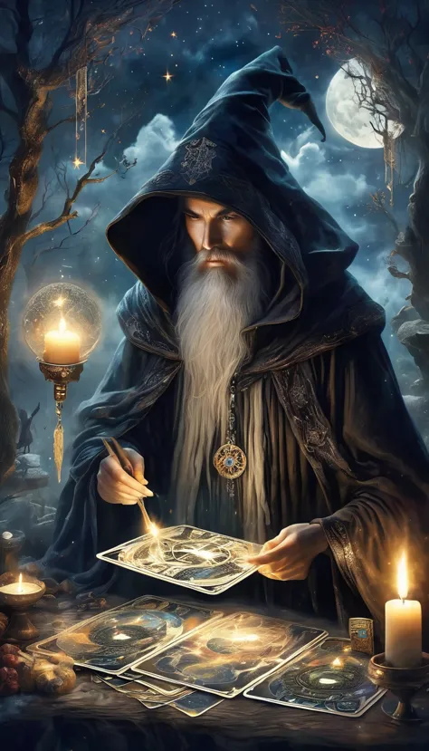 Wizard in black cloak，Fortune Teller，Tarot占卜术，Tarot，空中漂浮的Tarot，阵列的Tarot，Dim candlelight，Mysterious call，Strong mysterious and ee...