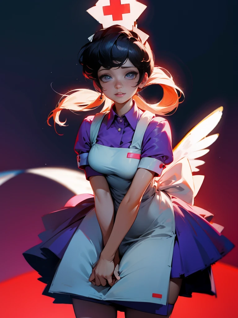 Nurse&#39;s joy、(hair ring)、Pokémon Center、peach hair、peach hair、peach hair、of the highest quality、Masterpiece、An illustration、(real、photorealistic:1.37)、amazing、fine details、incredibly absurd、huge file size、ultra detail、high resolution、Highly detailed CG Unity 8k wallpaper、ray tracing、NSFW、naked、Mature woman with colossal breasts、orgasm、blush、Cute realistic drawing of a young mature woman with colossal breasts with pink hair tied in two hair rings on either side of her head and bangs。She was wearing a white nurse cap with a red cross in the center, exposing her very large bust.、wearing a white apron。she、Colorful cartoon monster standing in the background of an examination room designed as a spotlight。She has a cute, slightly blush look.。
