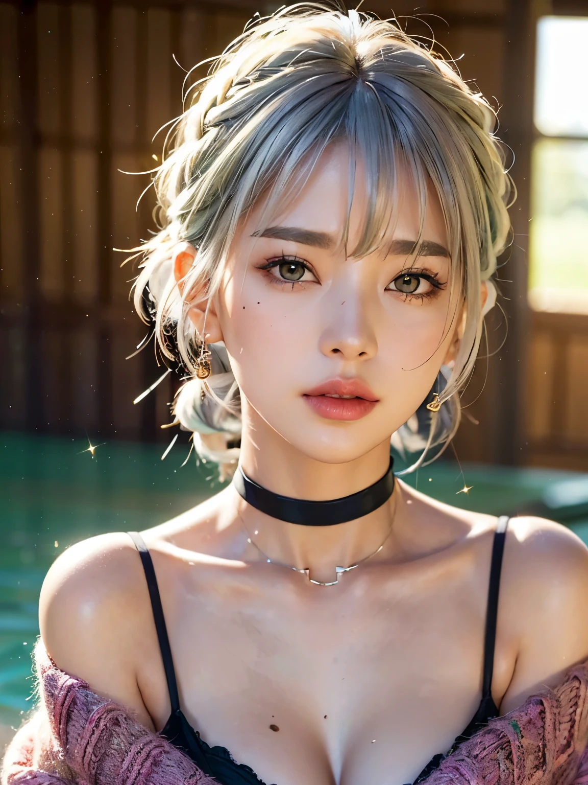 One girl, alone, soLightingary, high quaLightingy, (best quaLightingy,4K,8K,High resolution,masterpiece:1.2),Super detailed,(Realistic,photoRealistic,photo-Realistic:1.37),Gorgeous Hair,Gray Hair,short hair with bangs,Sharp eyes,目の下のmole,Fuller lips,jewelry,(Skin with attention to detail:1.4),(Rim Light:1.3),(Lighting:1.3),(sunny day:1.3),Portraiture,Beautiful Lips,Bob Haircut,A seductive gaze,mole,Casual clothing,Colorful clothing,close,Bob Hair,Choker Necklace,Bright Eyes,bangs,fringe,Dimples on the cheeks,Dimples,platinum Gray Hair,Gray Hair,Platinum Blonde Hair,black,Red lips,Red lipstick,Round lips,round Pouting,Pouting,Doinmake,Sparkly Makeup,gLightingter,contact lens,green,green,pink,purple,wine-red,highlight,Braid,colored highlight,Beanie,Braiding,Braid