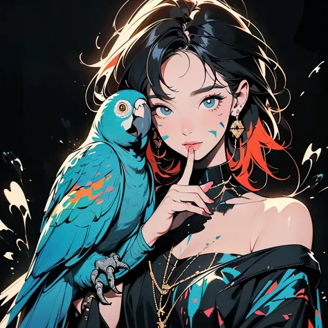 (((Beautiful bird with One woman))), (((A Very large parrot on your shoulder))), Brilliant, Super detailed face and eyes, Drippi...