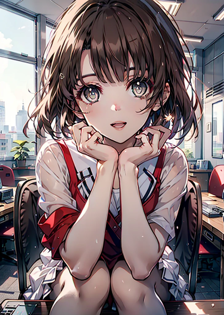 Katoumegumi, Megumi Katou, Brown Hair, short hair, (Brown eyes:1.5),happy smile, smile, Open your mouth, Red Tank Top Shirt,White long skirt,Black pantyhose,Stiletto heels,Open your mouth,sitting cross-legged on a chair,There is a computer and food on the table,interior,whole bodyがイラストに入るように,
break looking at viewer,whole body,
break indoors, office,
break (masterpiece:1.2), Highest quality, High resolution, unity 8k wallpaper, (shape:0.8), (Beautiful and beautiful eyes:1.6), Highly detailed face, Perfect lighting, Extremely detailed CG, (Perfect hands, Perfect Anatomy),