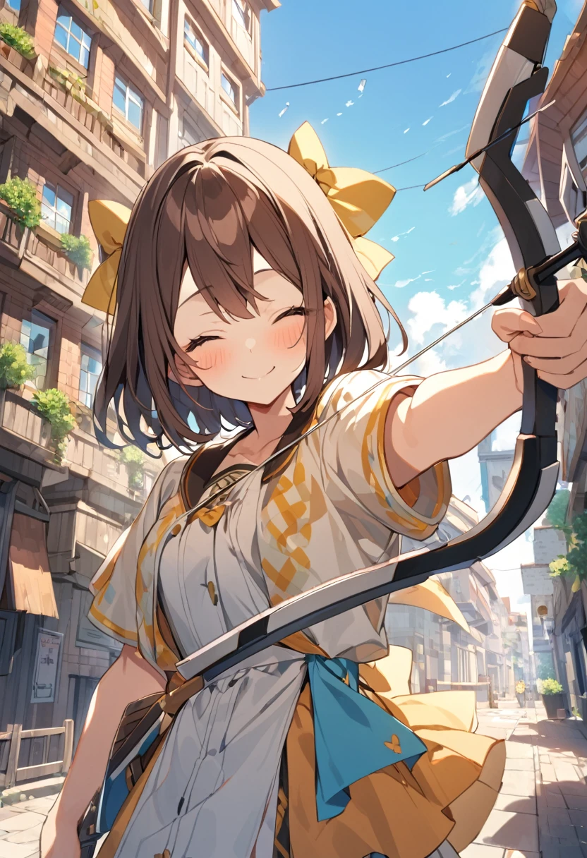 1 girl, alone, broad, blush, SMILE, Brown hair, bow, two tails, Closed eyes, weapon, short sleeves, hair bow, sky, day, blue sky, building, in front of the viewer, yellow bow, bow (weapon), ARROW (projectile)