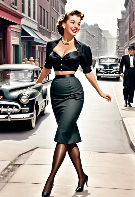 In a lively street scene from the 1950s, a stunning woman is crossing the street, (((wearing a knee-length skirt))) that accentu...