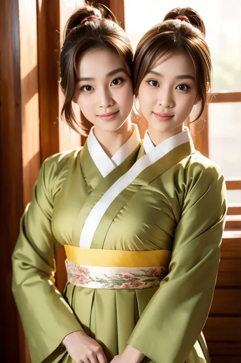 best resolution, 2heads,  korean woman with two heads , brown hair, blonde,  pixie cut and ponytail,  different faces, hanbok, i...