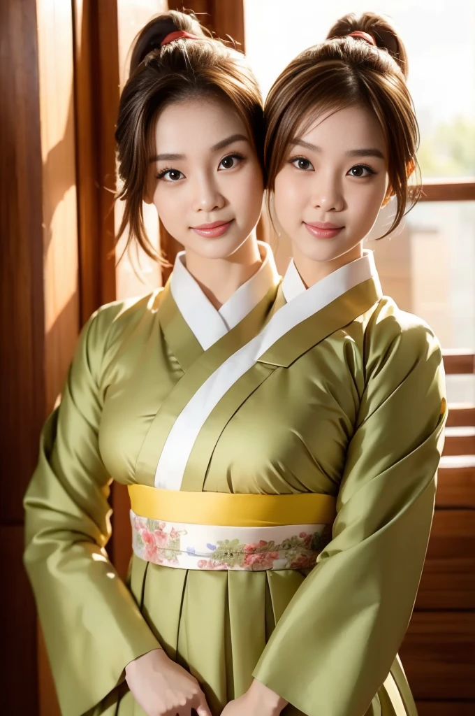 best resolution, 2heads,  korean woman with two heads , brown hair, blonde,  pixie cut and ponytail,  different faces, hanbok, indoor background